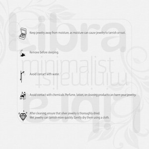 May include: A black and white illustration of jewelry care tips. The tips include keeping jewelry away from moisture, removing it before sleeping, avoiding contact with water and chemicals, and ensuring it is thoroughly dried after cleaning.