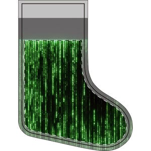 Könnte beinhalten: Ein Weihnachtsstrumpf mit grauem Oberteil und Umriss, gefüllt mit einem grünen, leuchtenden digitalen Regenmuster. Das Design ähnelt dem Code aus den Matrix-Filmen. Der Strumpf befindet sich auf weißem Hintergrund.
