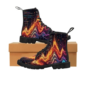 May include: Black leather boots with a colorful abstract design featuring swirling lines and dots. The design is reminiscent of a digital waveform or a psychedelic pattern.