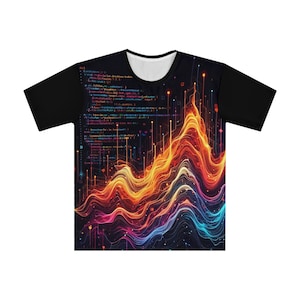 May include: Black short-sleeved t-shirt with a vibrant, abstract design. The design features a colorful, wavy pattern in shades of orange, yellow, blue, and purple, resembling a data visualization or a digital landscape. The shirt has a white neckline.