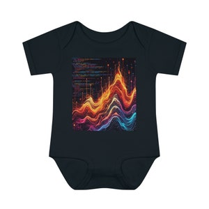 May include: A dark blue baby onesie with a colorful abstract design featuring lines and waves. The design is reminiscent of a digital waveform or data visualization.