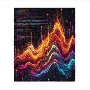 Peut inclure: Impression numérique abstraite représentant un motif d'ondes colorées sur fond de lignes de code. Les couleurs sont vives et comprennent des nuances de rouge, d'orange, de jaune, de vert, de bleu et de violet.