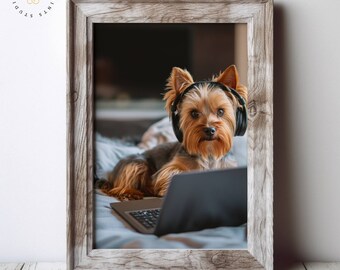 Yorkshire Terrier Digital Art - Cute Dog Working on Laptop - Home Office Decor - Pet Lover Gift Idea