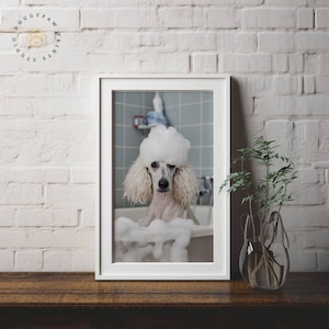 Charming Poodle Bath Time Art Print - Whimsical Bathroom Decor Digital Illustration - Perfect for Dog Lovers - Unique Housewarming Gift