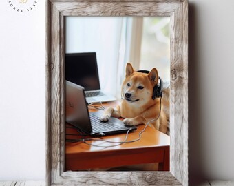 Digital Art of Shiba Inu Working from Home on a Laptop, Funny Dog Art, Whimsical Home Decoration, Wall Art, Instant Download, Dog Lover Gift