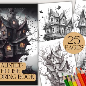 25 Haunted Houses Colouring Book Activity Art Colouring Book For Adults and Kids Relaxation Grayscale Colouring Book Instant Download PDF