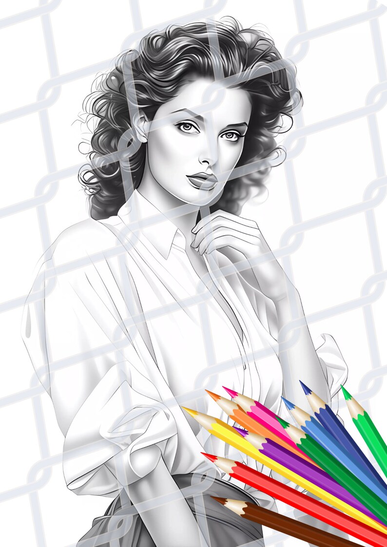 40 Women of the 80s Coloring Book for Her Grayscale Colouring Pages for