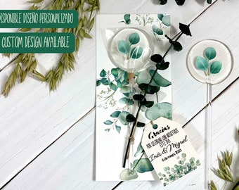 Wedding favors Custom handmade eucalyptus leaves lollipops. Hard candy