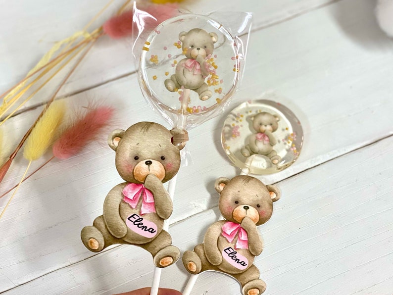 Baby shower sucettes ours en peluche rose bonbon dur fait main image 2