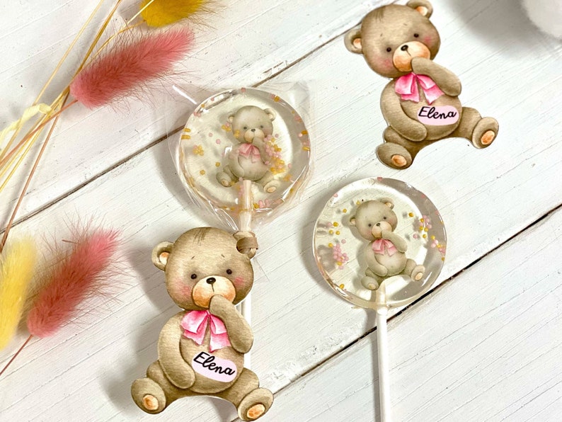 Baby shower sucettes ours en peluche rose bonbon dur fait main image 1