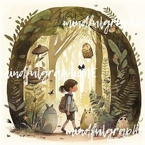 Illustrations à l'aquarelle, générées par l'IA, petite fille, explorant, illustrations de livres pour enfants Midjourney, belle peinture, se demandant, forêt