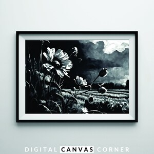 Flower Fields A Black and White Landscape Oil Painting Black and White Wall Art PRINTABLE Digital