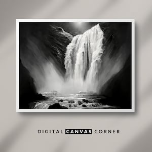Waterfall A Black and White Landscape Oil Painting Black and White Wall Art PRINTABLE Digital