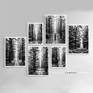 Printable SET Forest Trail Landscape Oil Painting Black and White Wall Art SET PRINTABLE Digital