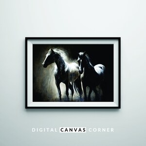 Two Beautiful Horses A Black and White Landscape Oil Painting Black and White Wall Art PRINTABLE Digital