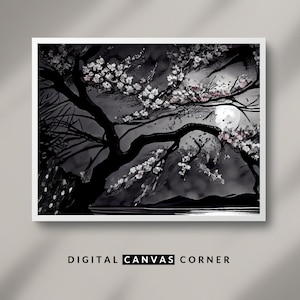 Moon Sakura A Black and White Landscape Oil Painting Black and White Wall Art PRINTABLE Digital