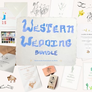 May include: A collection of watercolor illustrations for a Western wedding. The illustrations include cacti, horses, boots, flowers, and a couple's initials. The text "Western Wedding Bundle" is written in blue watercolor.