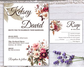 Fall wedding theme invites, floral wedding invitations, outdoor weddings, wedding bundles, printable wedding invites, country wedding