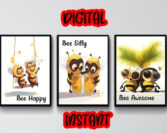 Set of 3 Bee Wall Art Print Nursery Wall Decor Picture Kids Decor Home Child Room Decor Wall Art Illustration Kidsgift Nature Art For Kids
