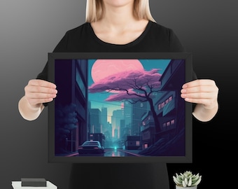 Anime Poster | Futuristic Neon Poster | Lofi Wall Art | Japanese Neon City | Cyber City Lights Frame