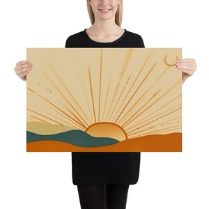 Boho horizontale zon print, gele zon poster, zonsopgang kunst aan de muur, Boho Wall Art Print, zonsondergang print, zon kwekerij print, berg zonsopgang