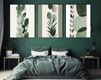 Sage Green Wall Art Set of 3 Prints, Home Decor, Boho Wall Decor, Living Room Wall Art Green Abstract Wall Print Set Printable Abstract