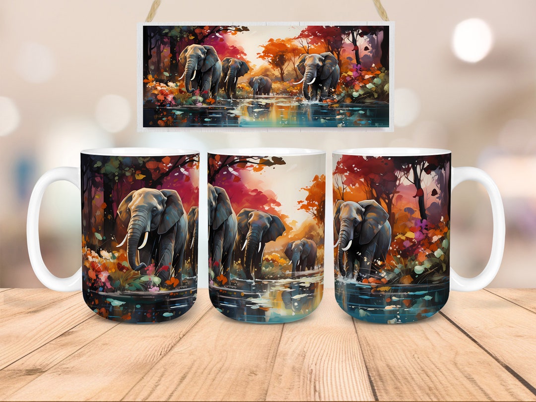 Elephants 11oz & 15oz Mug Wrap Design Elephants Mug Sublimation Design