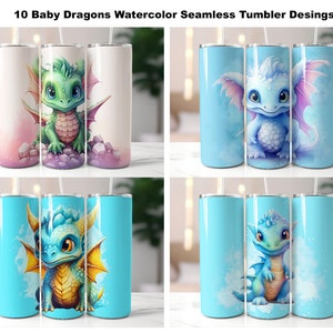 ベビードラゴン 20 オンス タンブラー ラップ デザイン 10 枚セット - シームレス ドラゴン 昇華タンブラー ラップ - ストレート & テーパード PNG - スキニー タンブラー