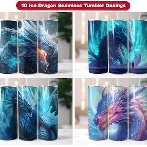 Set of 10 Ice Dragon 20oz Tumbler Wrap Designs - Seamless Dragon Sublimation Tumbler Wrap - Straight & Tapered PNG - Skinny Tumbler PNG