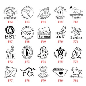 Puede incluir: Una colecci&oacute;n de 16 ilustraciones en blanco y negro de sellos con varios dise&ntilde;os, incluyendo animales, plantas y formas geom&eacute;tricas. Cada sello tiene un dise&ntilde;o y un texto &uacute;nicos, como "Handmade by Tabitha", "Angelic", "Bertina" y "Lizzie Ceramics".