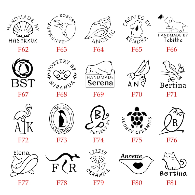 Puede incluir: Una colecci&oacute;n de 16 ilustraciones en blanco y negro de sellos con varios dise&ntilde;os, incluyendo animales, plantas y formas geom&eacute;tricas. Cada sello tiene un dise&ntilde;o y un texto &uacute;nicos, como "Handmade by Tabitha", "Angelic", "Bertina" y "Lizzie Ceramics".