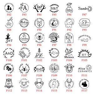 Puede incluir: Una cuadr&iacute;cula de 17 im&aacute;genes en blanco y negro de diferentes dise&ntilde;os de sellos. Cada sello presenta un dise&ntilde;o &uacute;nico, que incluye animales, plantas y texto. Los sellos est&aacute;n etiquetados con n&uacute;meros del F82 al F117.