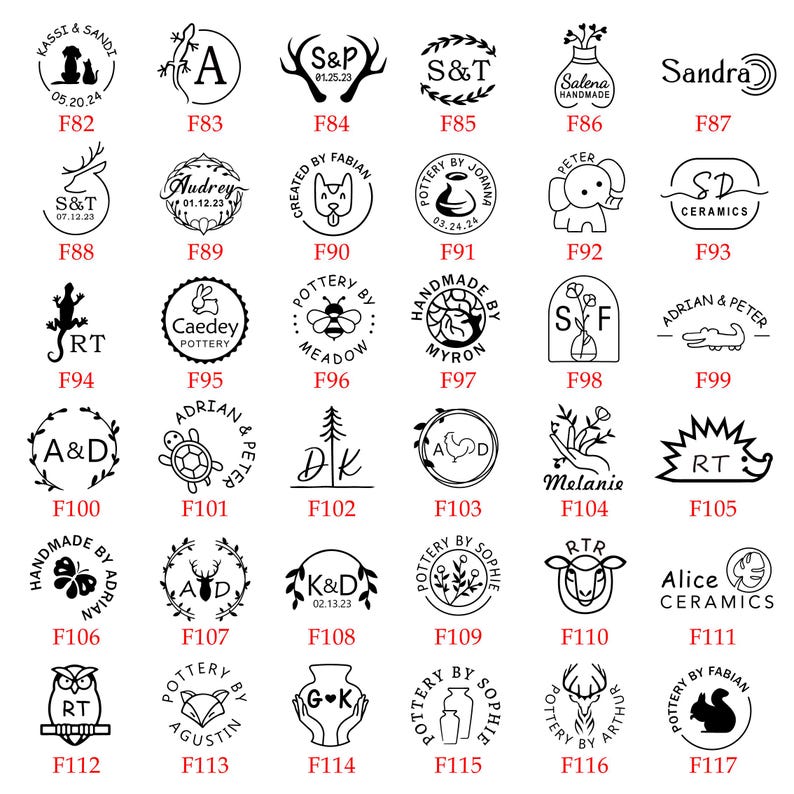Puede incluir: Una cuadr&iacute;cula de 17 im&aacute;genes en blanco y negro de diferentes dise&ntilde;os de sellos. Cada sello presenta un dise&ntilde;o &uacute;nico, que incluye animales, plantas y texto. Los sellos est&aacute;n etiquetados con n&uacute;meros del F82 al F117.