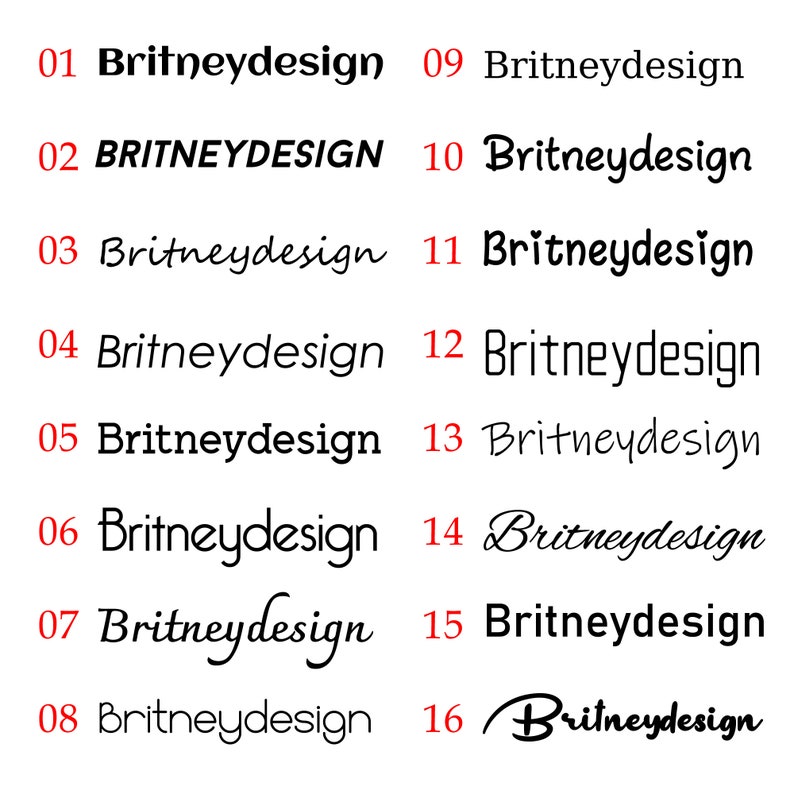 Puede incluir: Una colecci&oacute;n de 16 variaciones diferentes del texto "Britneydesign" en fuente negra. El texto se muestra en una variedad de estilos, incluyendo may&uacute;sculas, min&uacute;sculas y cursiva.