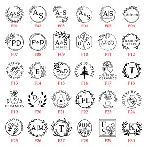Puede incluir: Una hoja de 30 dise&ntilde;os de sellos en blanco y negro con varios patrones florales y geom&eacute;tricos. Cada dise&ntilde;o de sello est&aacute; etiquetado con un n&uacute;mero del F01 al F30. Los sellos presentan texto como "A&S", "P&D", "Karen", "Alison Ceramics", "D/P", "Handmade", "FL", "Clay by Monica", "AIM", "T", "Alice", "F/S" y "K".