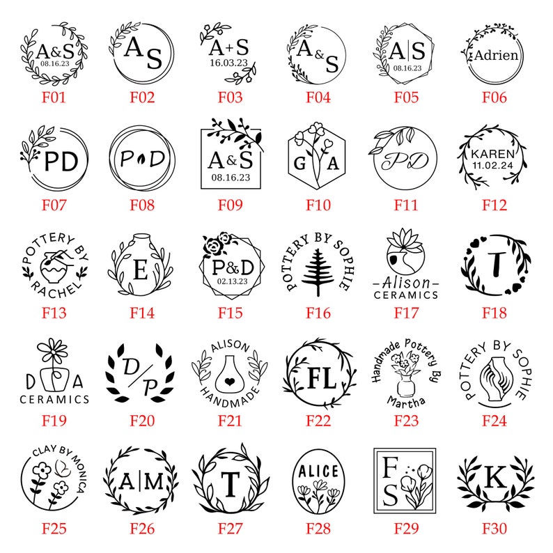 Puede incluir: Una hoja de 30 dise&ntilde;os de sellos en blanco y negro con varios patrones florales y geom&eacute;tricos. Cada dise&ntilde;o de sello est&aacute; etiquetado con un n&uacute;mero del F01 al F30. Los sellos presentan texto como "A&S", "P&D", "Karen", "Alison Ceramics", "D/P", "Handmade", "FL", "Clay by Monica", "AIM", "T", "Alice", "F/S" y "K".