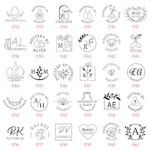 Puede incluir: Una cuadr&iacute;cula de 61 ilustraciones en blanco y negro de logotipos de tiendas de cer&aacute;mica. Cada logotipo es un dise&ntilde;o &uacute;nico que presenta una combinaci&oacute;n de texto, elementos florales e im&aacute;genes de cer&aacute;mica. Los logotipos est&aacute;n etiquetados con las letras F32 a F61.