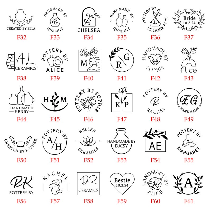 Puede incluir: Una cuadr&iacute;cula de 61 ilustraciones en blanco y negro de logotipos de tiendas de cer&aacute;mica. Cada logotipo es un dise&ntilde;o &uacute;nico que presenta una combinaci&oacute;n de texto, elementos florales e im&aacute;genes de cer&aacute;mica. Los logotipos est&aacute;n etiquetados con las letras F32 a F61.
