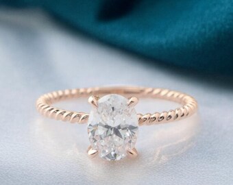 1.5ct Oval Cut Hidden Halo Moissanite Ring Thin Band Oval Engagement Ring, Solid Gold Ring, Delicate & Dainty Promise Ring For Her
