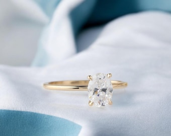 1.5ct Oval Cut Moissanite Ring Thin Band Oval Engagement Ring, Solid Gold Simple Oval Solitaire Ring, Delicate & Dainty Promise Ring For Her
