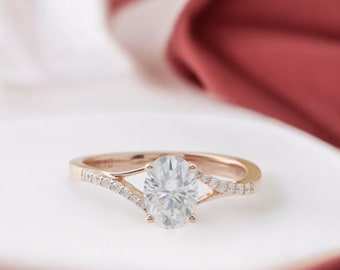 1.0CT Oval Moissanite Ring Thin Band Oval Engagement Ring, Solid Gold Simple Oval Solitaire Ring, Delicate & Dainty Promise Ring For Her