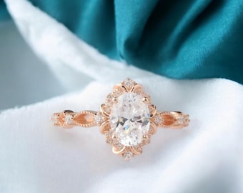 Nature Inspired Oval Cut 1.5CT Moissanite Engagement Ring, Art Deco Proposal Ring, Vintage Vine Engraved Wedding Ring For Women