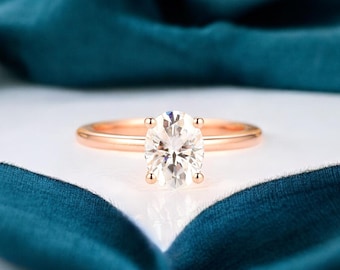 1.5ct Oval Moissanite Engagement Ring, Solid 14k Rose Gold Thin Band Solitaire Promise Ring
