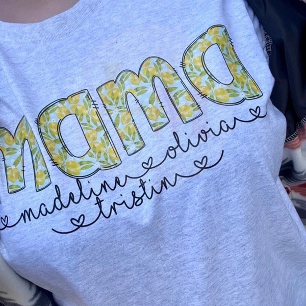 MAMA Lemon Print Sweatshirt with Custom Names, Customized Mama Sweatshirt or T Shirt with Lemon Print and Add Name of Children, Custom Mama