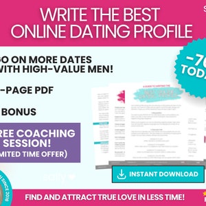 Puede incluir: Una estrella azul turquesa con el texto "¡70% HOY!" en blanco. La estrella está sobre un fondo azul claro con una marca de verificación blanca y el texto "¡TEN MÁS CITAS CON HOMBRES DE ALTO VALOR!" en negro. Debajo de la marca de verificación está el texto "PDF DE 8 PÁGINAS + BONIFICACIÓN + SESIÓN DE COACHING GRATUITA! (OFERTA POR TIEMPO LIMITADO)" en negro. La imagen también incluye una imagen borrosa de un documento con el texto "UNA GUÍA PARA ESCRIBIR EL MEJOR PERFIL DE CITA EN LÍNEA" en negro. El documento está sobre un fondo blanco con un botón de descarga que dice "DESCARGA INSTANTÁNEA" en blanco. La imagen también incluye el texto "¡ENCUENTRA Y ATRAE EL VERDADERO AMOR EN MENOS TIEMPO!" en negro. La imagen también incluye el texto "★★★★★ RESEÑAS" en negro.