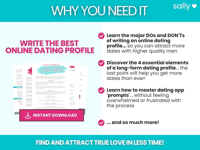 May include: A pink and white digital download guide titled "Write the Best Online Dating Profile" with a checklist of tips for writing a successful online dating profile. The guide includes tips on how to write a great online dating profile, how to master dating app prompts, and how to attract more dates.