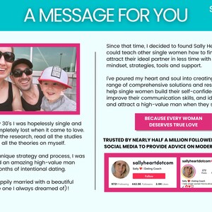 May include: A woman shares her story of finding love after being single in her early 30s. She describes her journey of research, testing theories, and developing a unique strategy to find a high-value partner. The image includes a photo of the woman with her husband and child, along with text about her dating coaching business, Sally Heart.