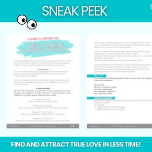May include: A sneak peek at a guide to writing the best online dating profile. The guide includes tips on how to write a compelling profile that will attract potential matches. The guide also includes a section on how to use "first last" to give people insight into your past and present.