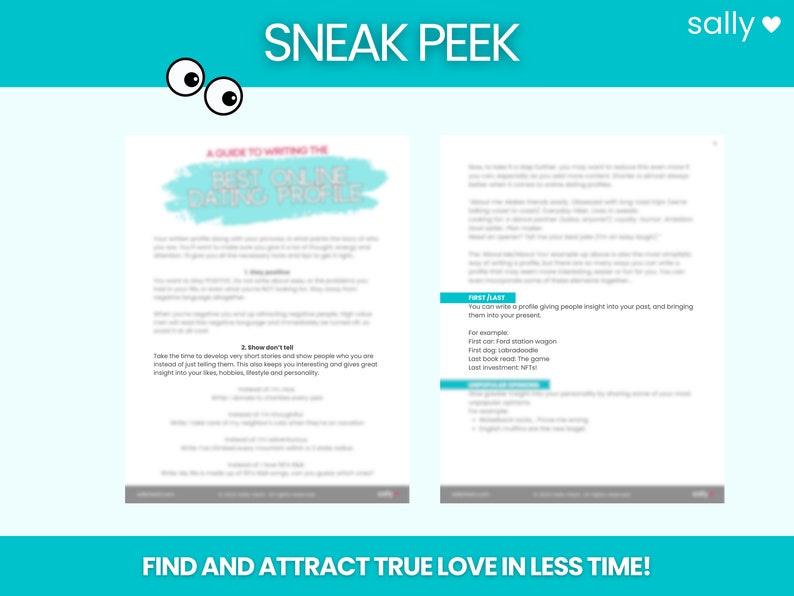 May include: A sneak peek at a guide to writing the best online dating profile. The guide includes tips on how to write a compelling profile that will attract potential matches. The guide also includes a section on how to use "first last" to give people insight into your past and present.