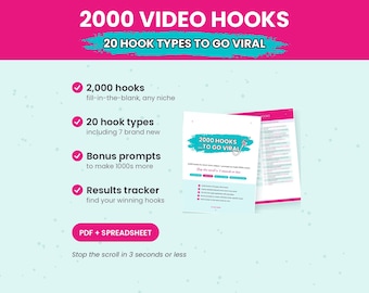 Könnte beinhalten: Ein digitaler Leitfaden mit dem Titel 2000 Video Hooks mit 20 Hook-Typen, um viral zu gehen. Das Dokument enthält Vorlagen zum Ausfüllen, Bonus-Prompts und einen Ergebnis-Tracker. Der Text ist in einem rosa-weißen Layout mit einer Angelhaken-Grafik.